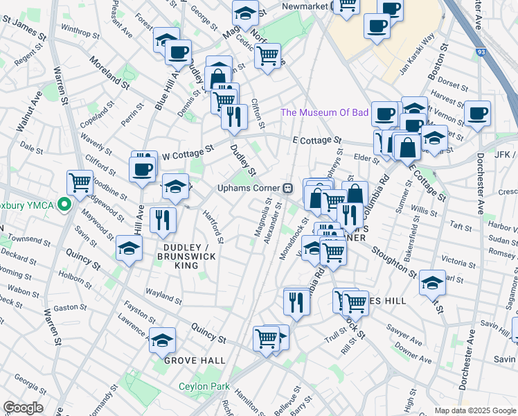 map of restaurants, bars, coffee shops, grocery stores, and more near 28 Magnolia Street in Boston