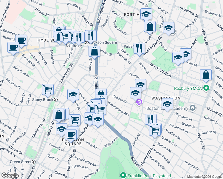 map of restaurants, bars, coffee shops, grocery stores, and more near 2928 Washington Street in Boston