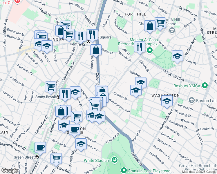 map of restaurants, bars, coffee shops, grocery stores, and more near 2984 Washington Street in Boston