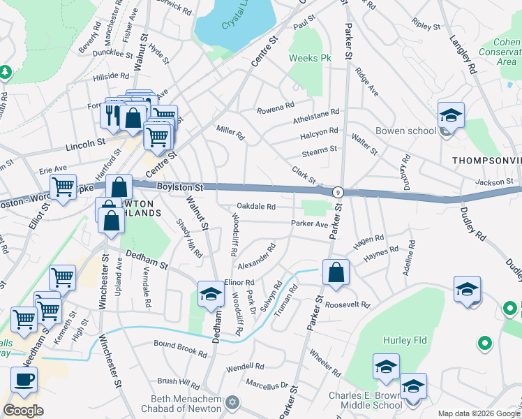 map of restaurants, bars, coffee shops, grocery stores, and more near 92 Oakdale Road in Newton