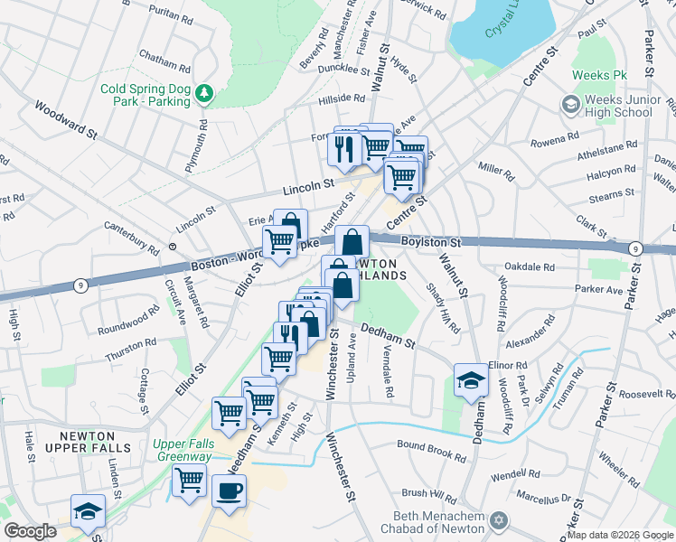 map of restaurants, bars, coffee shops, grocery stores, and more near 49 Winchester Street in Newton