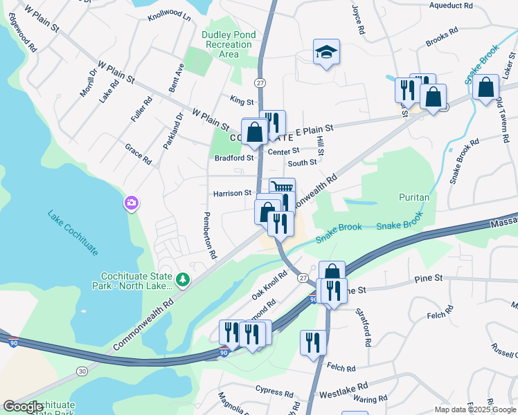 map of restaurants, bars, coffee shops, grocery stores, and more near 57 Main Street in Wayland