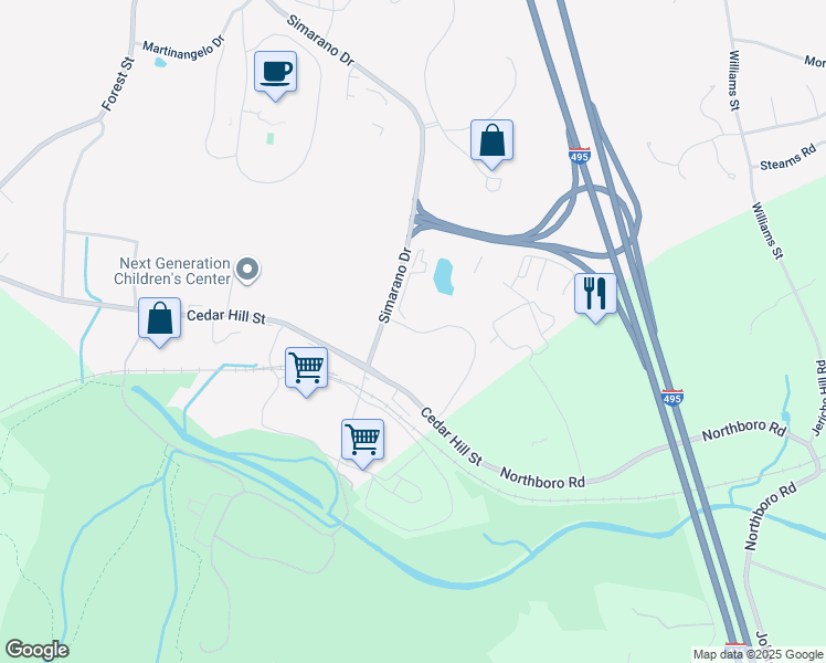 map of restaurants, bars, coffee shops, grocery stores, and more near 445 Simarano Dr in Marlborough