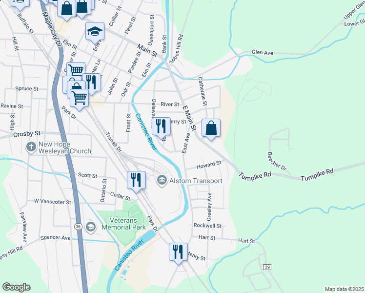 map of restaurants, bars, coffee shops, grocery stores, and more near 112 Myrtle Avenue in Hornell
