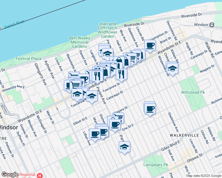 map of restaurants, bars, coffee shops, grocery stores, and more near 991 Tuscarora Street in Windsor