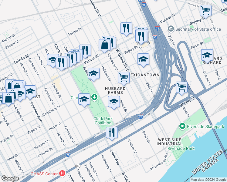 map of restaurants, bars, coffee shops, grocery stores, and more near in Detroit