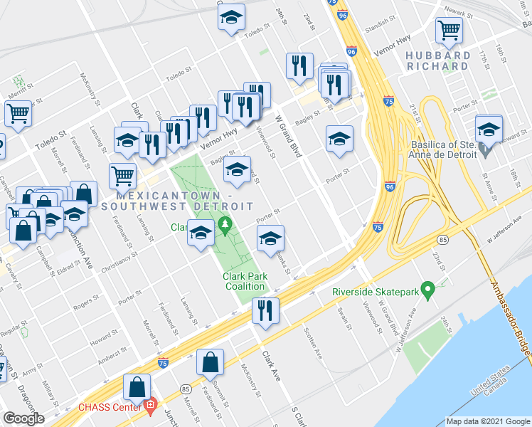 map of restaurants, bars, coffee shops, grocery stores, and more near in Detroit