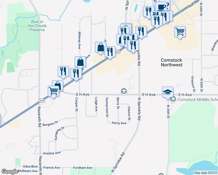 map of restaurants, bars, coffee shops, grocery stores, and more near 5285 East H Avenue in Kalamazoo