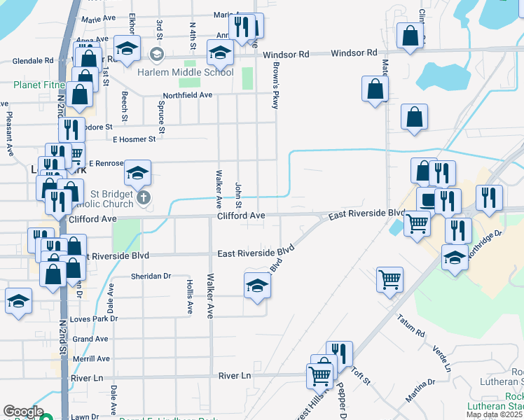 map of restaurants, bars, coffee shops, grocery stores, and more near 6101 Elm Avenue in Loves Park