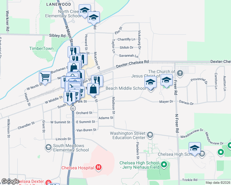map of restaurants, bars, coffee shops, grocery stores, and more near 215 Madison Street in Chelsea
