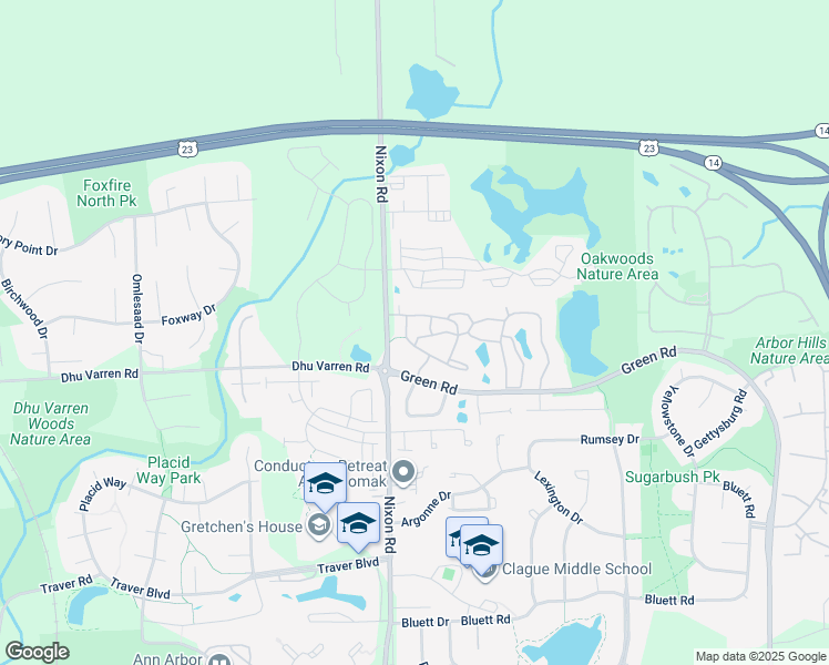 map of restaurants, bars, coffee shops, grocery stores, and more near 2820 Windwood Drive in Ann Arbor