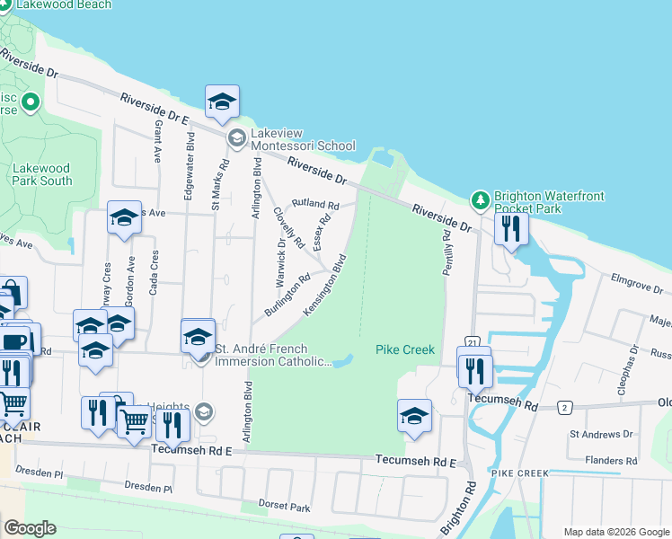 map of restaurants, bars, coffee shops, grocery stores, and more near 205 Kensington Boulevard in Windsor
