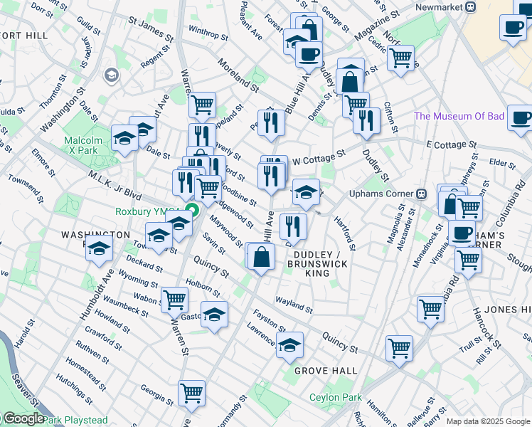 map of restaurants, bars, coffee shops, grocery stores, and more near 61 Woodbine Street in Boston
