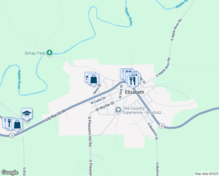 map of restaurants, bars, coffee shops, grocery stores, and more near 120 West Madison Street in Elizabeth