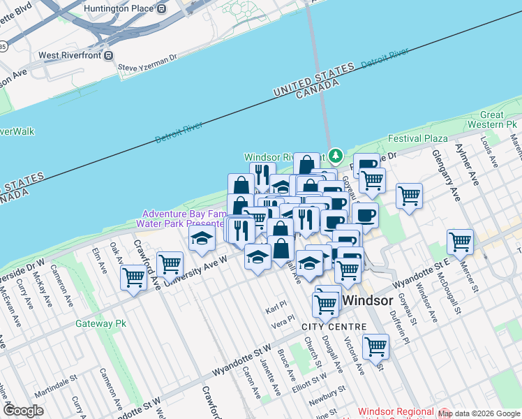 map of restaurants, bars, coffee shops, grocery stores, and more near 300 Chatham Street West in Windsor