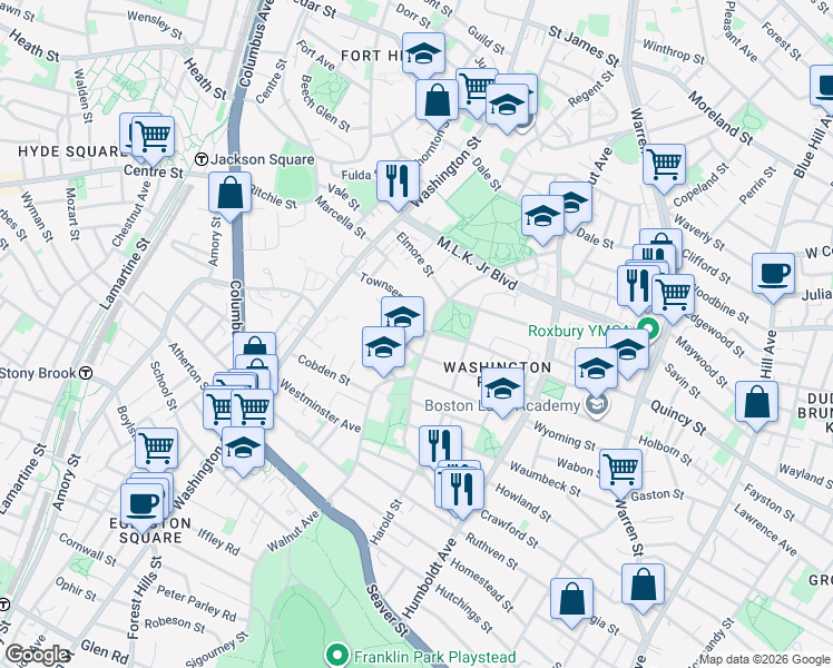 map of restaurants, bars, coffee shops, grocery stores, and more near 250 Walnut Avenue in Boston
