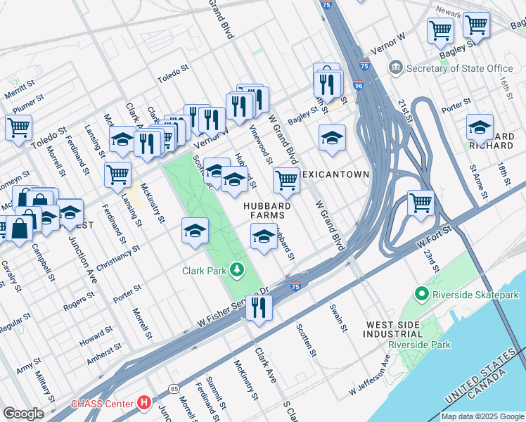 map of restaurants, bars, coffee shops, grocery stores, and more near in Detroit