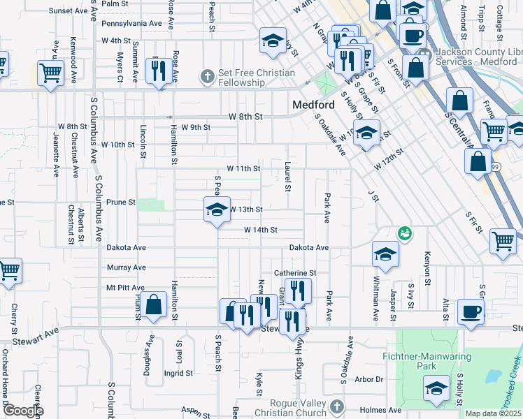 map of restaurants, bars, coffee shops, grocery stores, and more near 798 West 13th Street in Medford