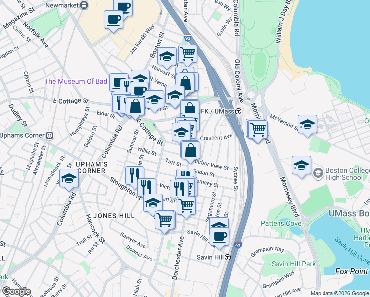 map of restaurants, bars, coffee shops, grocery stores, and more near in Boston
