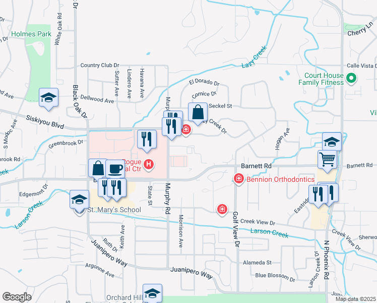 map of restaurants, bars, coffee shops, grocery stores, and more near 2940 Doctors Park Dr in Medford