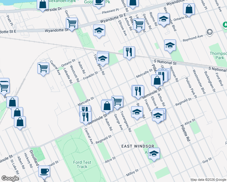 map of restaurants, bars, coffee shops, grocery stores, and more near in Windsor