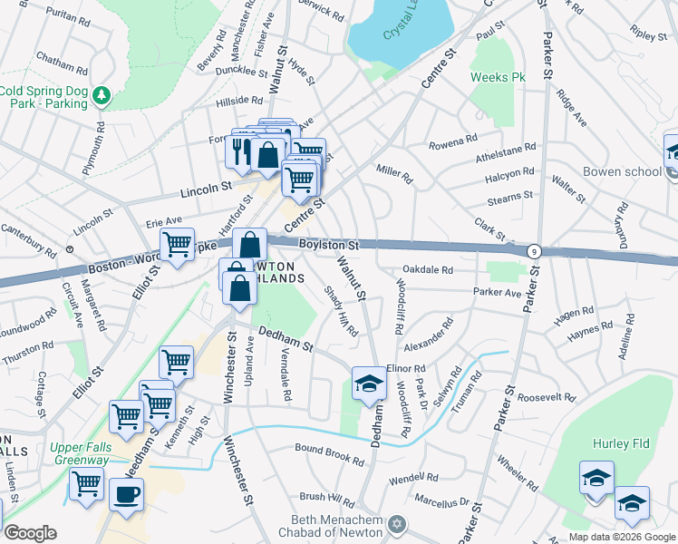 map of restaurants, bars, coffee shops, grocery stores, and more near 1281 Walnut Street in Newton