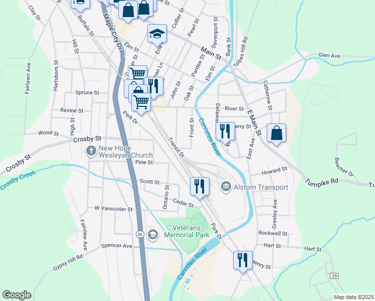map of restaurants, bars, coffee shops, grocery stores, and more near 107 South Street in Hornell