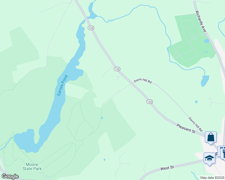 map of restaurants, bars, coffee shops, grocery stores, and more near 134 Davis Hill Road in Paxton