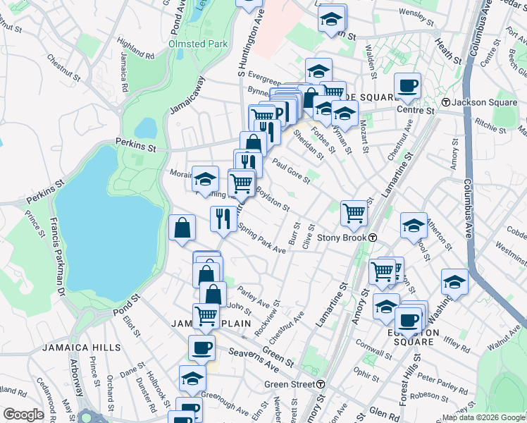 map of restaurants, bars, coffee shops, grocery stores, and more near 51 Roseway Street in Boston