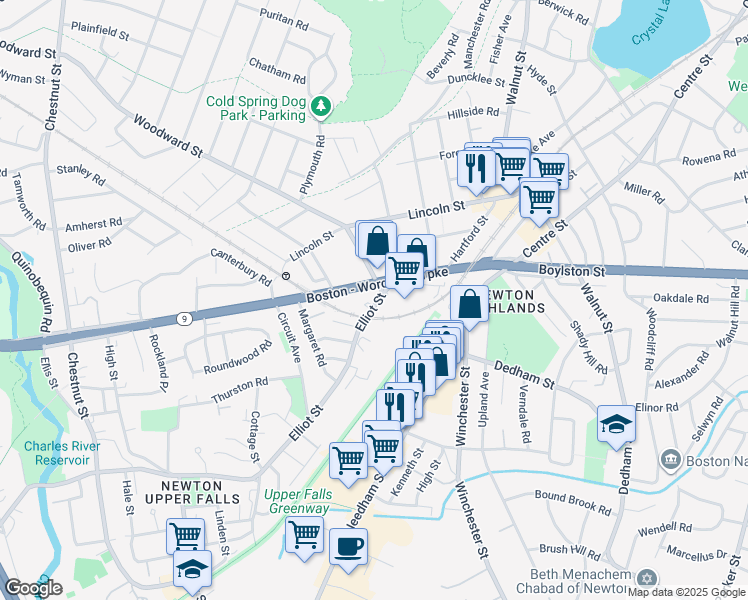 map of restaurants, bars, coffee shops, grocery stores, and more near 21 Elliot Street in Newton