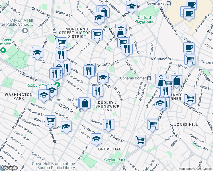 map of restaurants, bars, coffee shops, grocery stores, and more near 35 Brookford Street in Boston