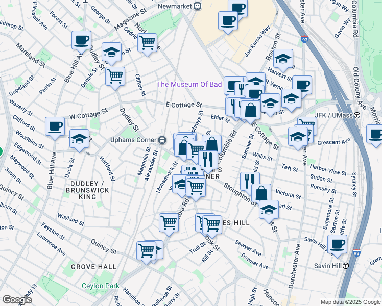 map of restaurants, bars, coffee shops, grocery stores, and more near 11 Wendover Street in Boston