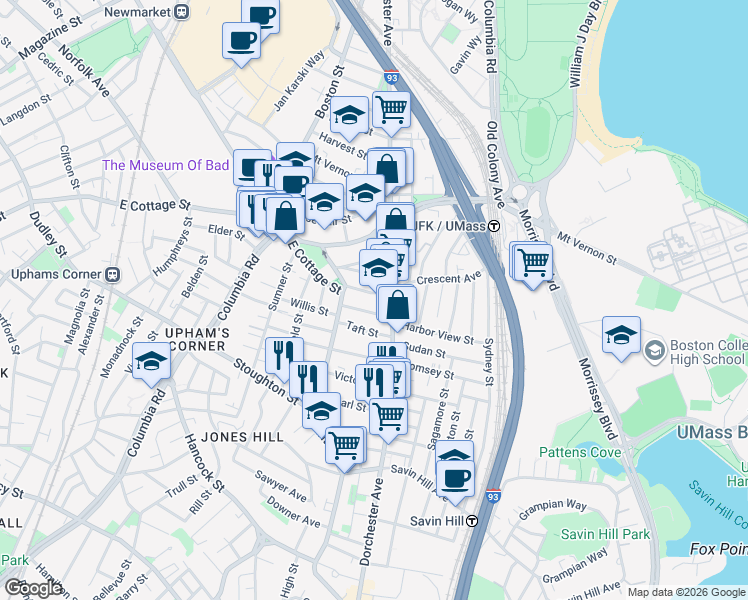 map of restaurants, bars, coffee shops, grocery stores, and more near 15 Howes Street in Boston
