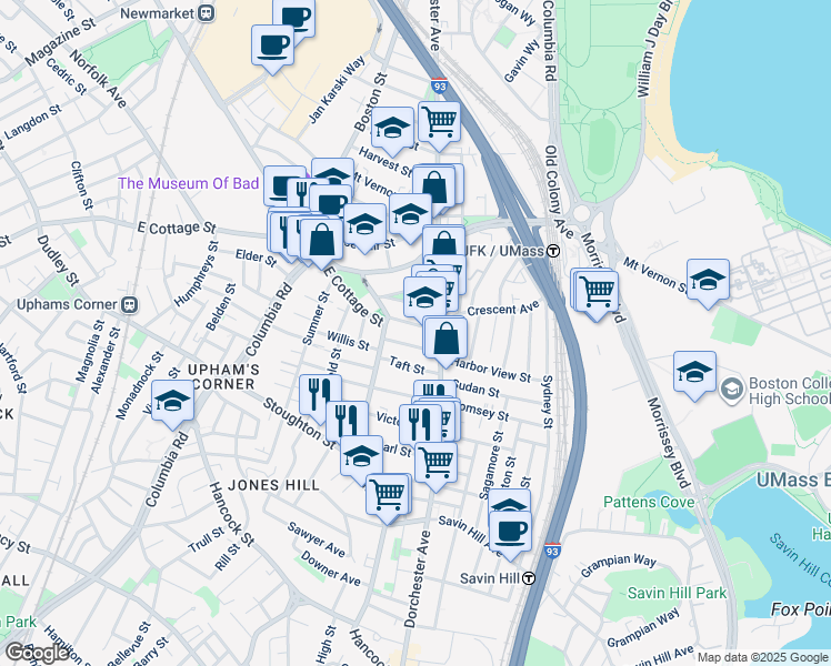 map of restaurants, bars, coffee shops, grocery stores, and more near 15 Howes Street in Boston