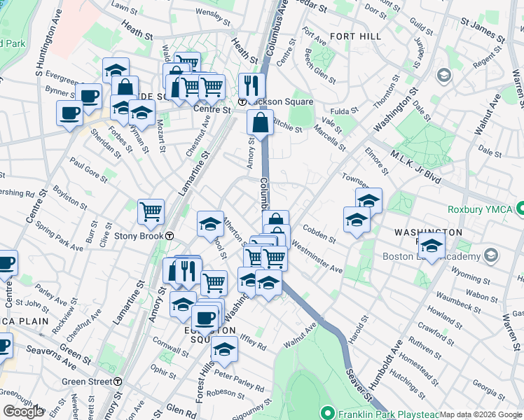 map of restaurants, bars, coffee shops, grocery stores, and more near 3 Bancroft Street in Boston