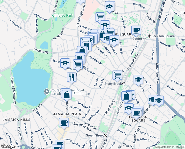 map of restaurants, bars, coffee shops, grocery stores, and more near 35 Boylston Street in Boston