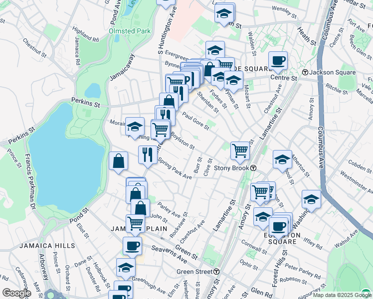 map of restaurants, bars, coffee shops, grocery stores, and more near 51 Roseway Street in Boston