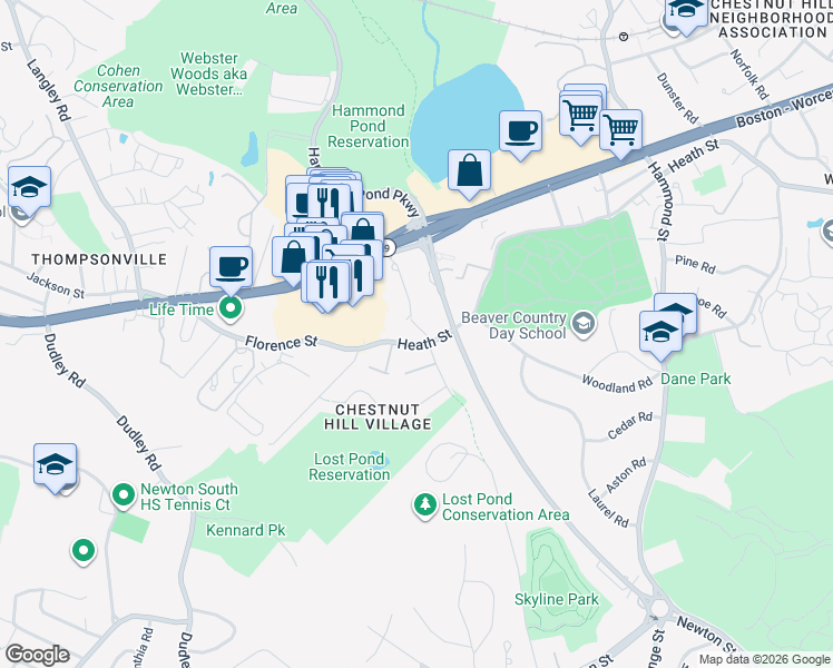 map of restaurants, bars, coffee shops, grocery stores, and more near 779 Belmont Road in Brookline