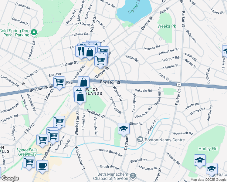 map of restaurants, bars, coffee shops, grocery stores, and more near 1289 Walnut Street in Newton