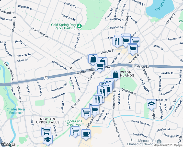 map of restaurants, bars, coffee shops, grocery stores, and more near 22 Elliot Street in Newton