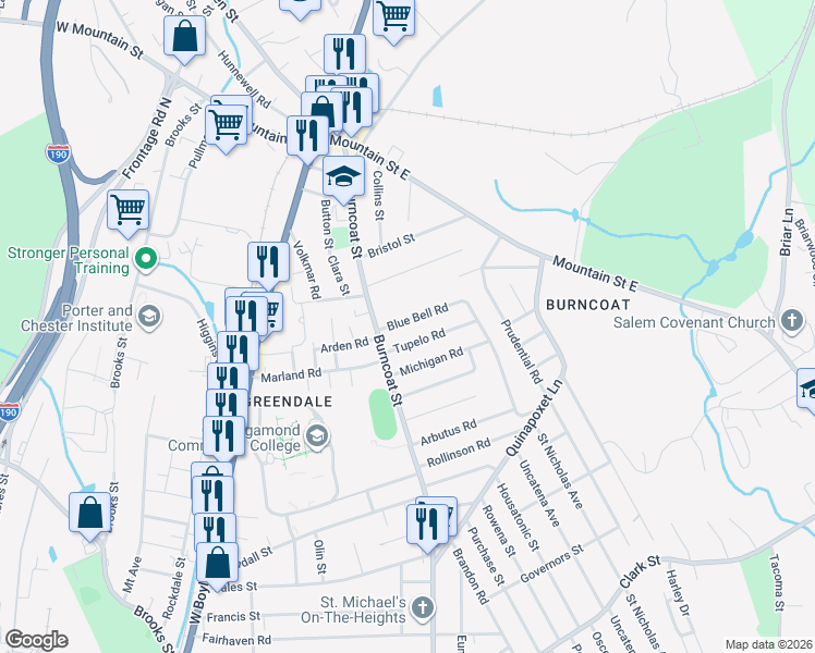 map of restaurants, bars, coffee shops, grocery stores, and more near 12 Tupelo Road in Worcester