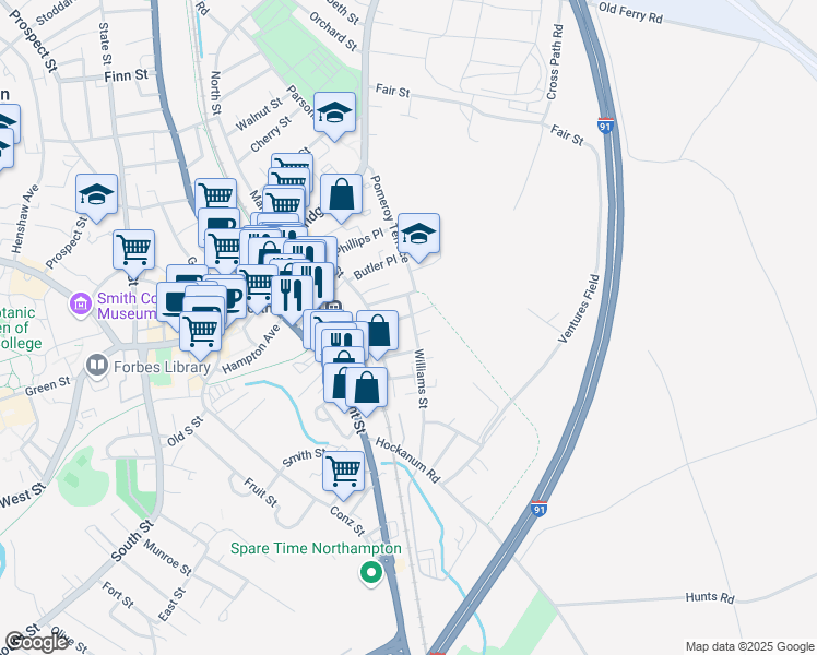 map of restaurants, bars, coffee shops, grocery stores, and more near 102 Hawley Street in Northampton