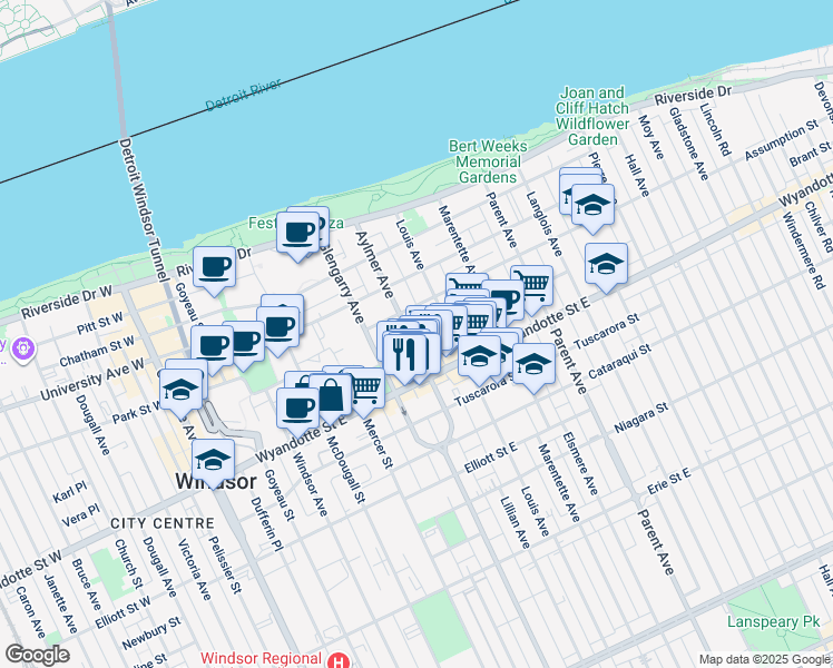 map of restaurants, bars, coffee shops, grocery stores, and more near 495 Aylmer Avenue in Windsor