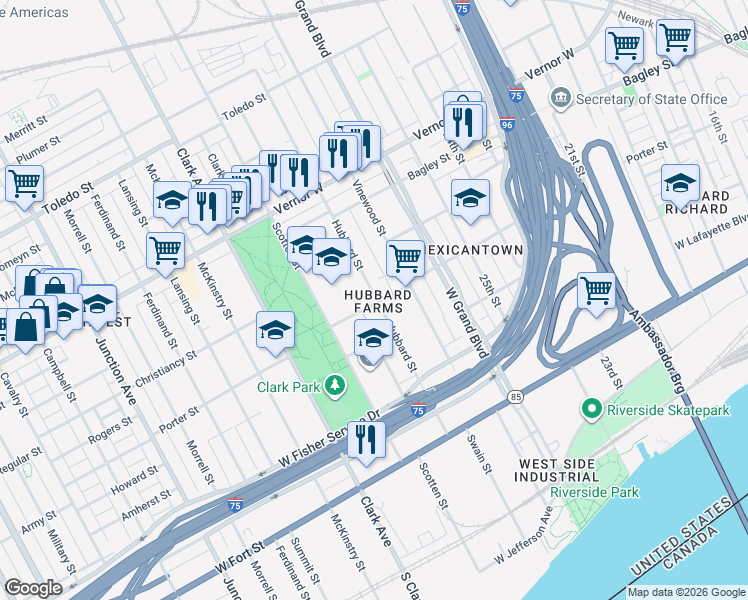 map of restaurants, bars, coffee shops, grocery stores, and more near in Detroit