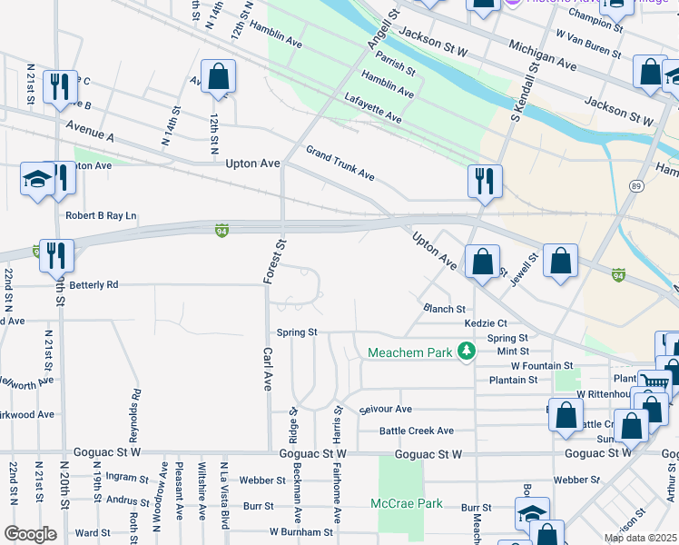 map of restaurants, bars, coffee shops, grocery stores, and more near 300 Carl Street in Battle Creek