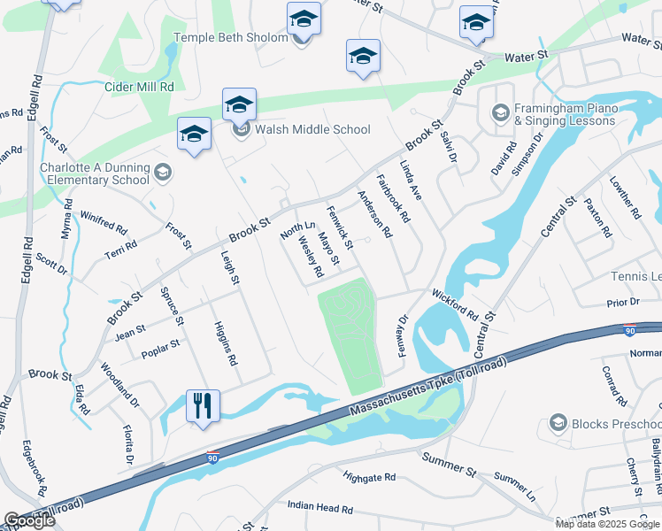 map of restaurants, bars, coffee shops, grocery stores, and more near 6 Mayo Street in Framingham