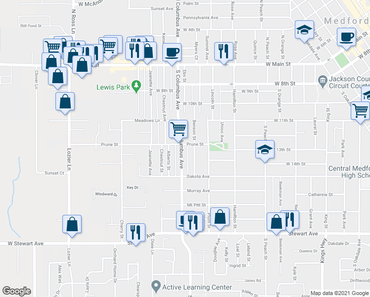 map of restaurants, bars, coffee shops, grocery stores, and more near 505 South Columbus Avenue in Medford