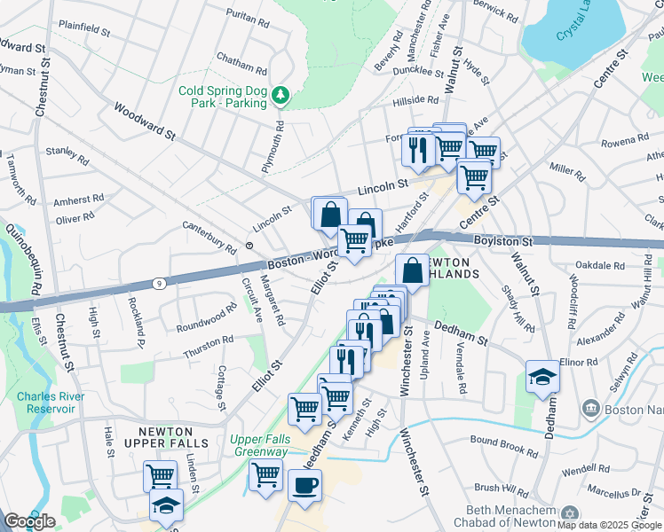 map of restaurants, bars, coffee shops, grocery stores, and more near 17 Elliot Street in Newton