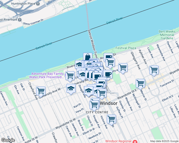 map of restaurants, bars, coffee shops, grocery stores, and more near 33 University Avenue West in Windsor