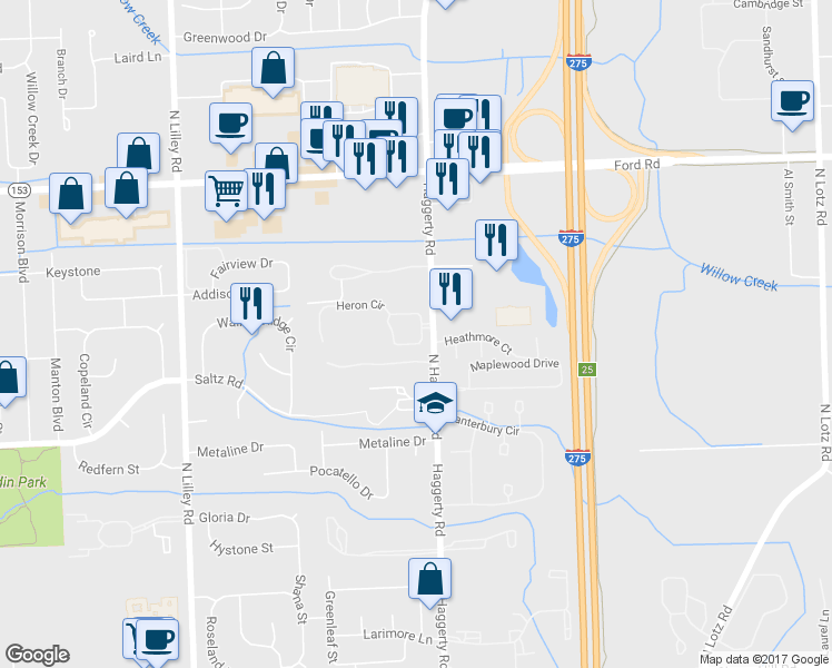 map of restaurants, bars, coffee shops, grocery stores, and more near 41580 Glade Road in Wayne County